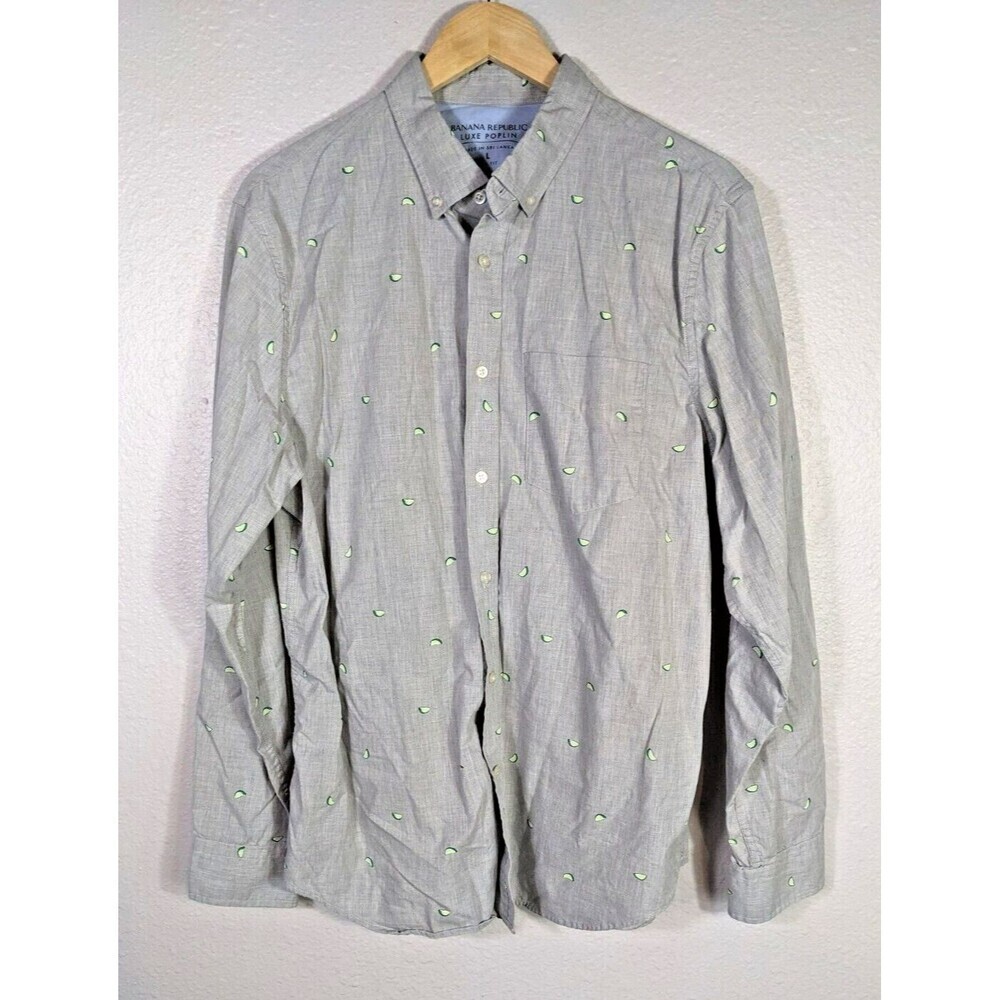 BANANA REPUBLIC Luxe Poplin Slim Fit Buttons Gray Lime Print Shirt Men's Sz L 59